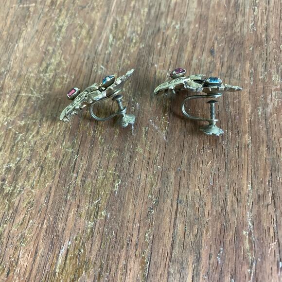 VINTAGE 40s 50s Maltese Cross with Fleur De Lis Silver faceted gemstone earrings - Picture 3 of 6